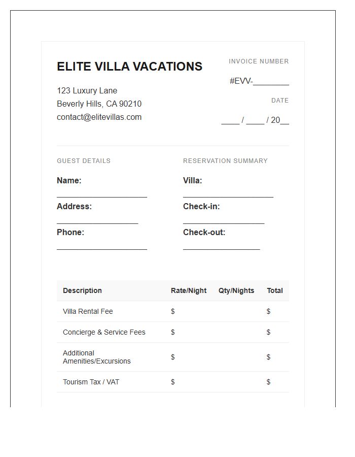 Elite Villa Vacation Invoice Template