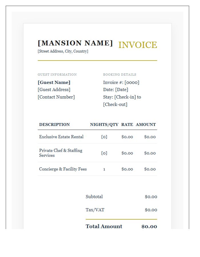 Exclusive Mansion Rental Invoice Template
