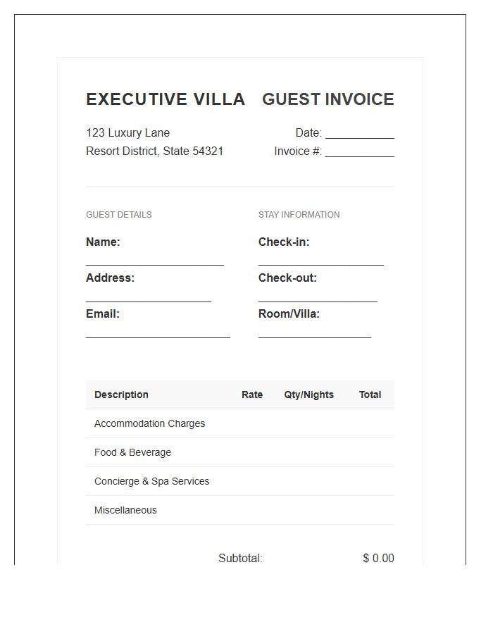 Executive Villa Guest Invoice Template