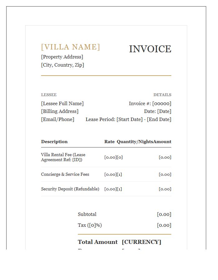 Luxury Villa Lease Agreement Invoice Template