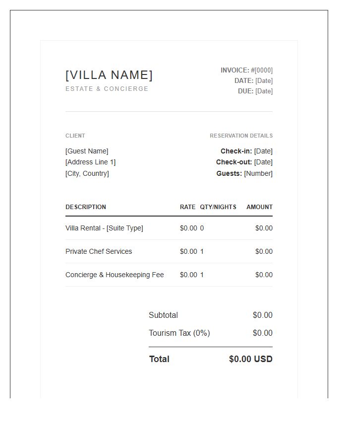 Luxury Villa Rental Invoice Template
