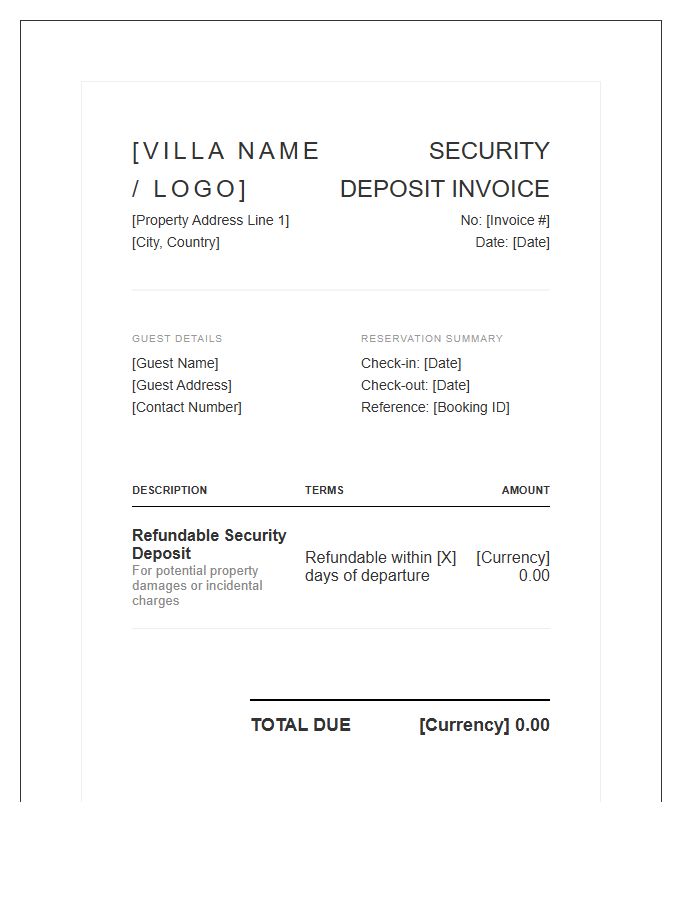 Luxury Villa Security Deposit Invoice Template