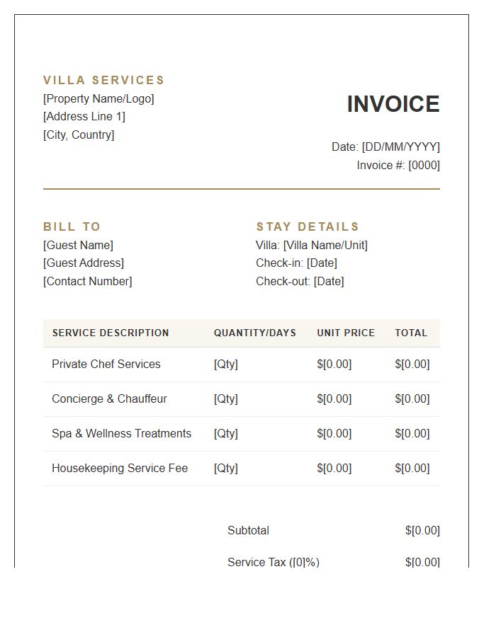 Luxury Villa Service Fee Invoice Template