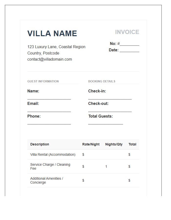 Premium Holiday Villa Invoice Template