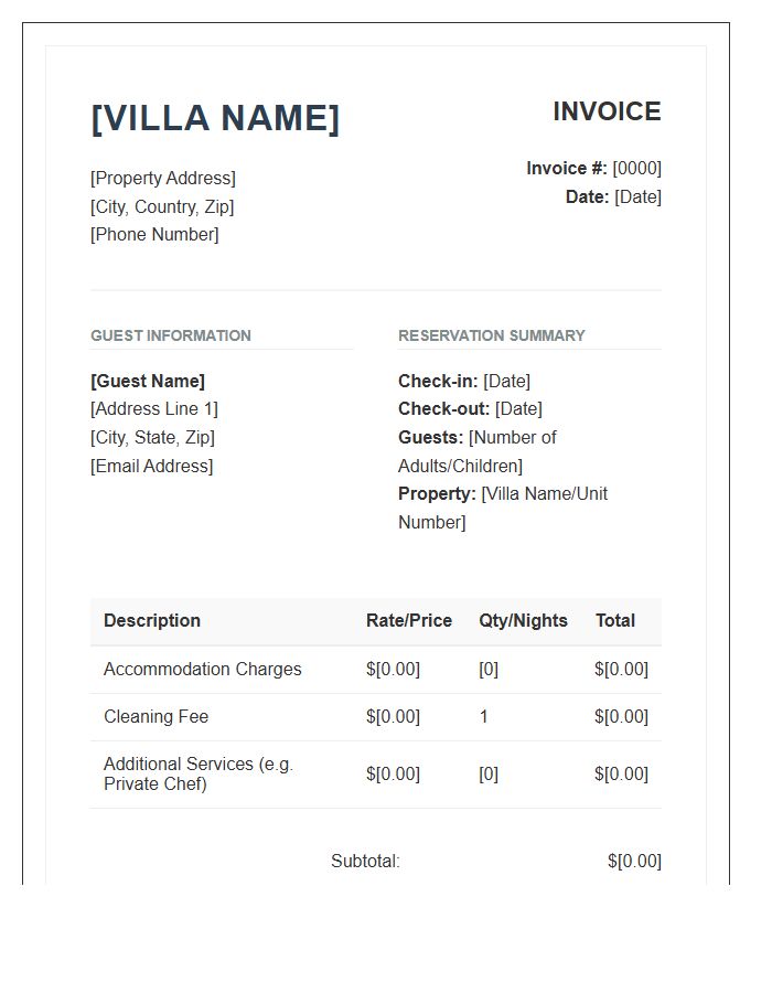 Professional Villa Rental Invoice Template