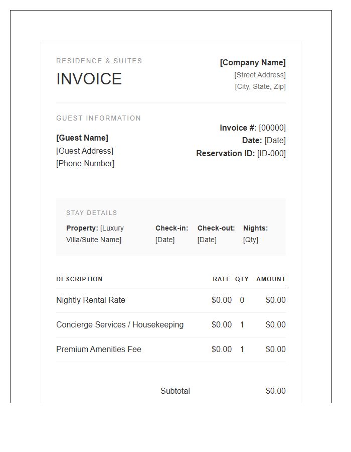 Short Term Luxury Rental Invoice Template