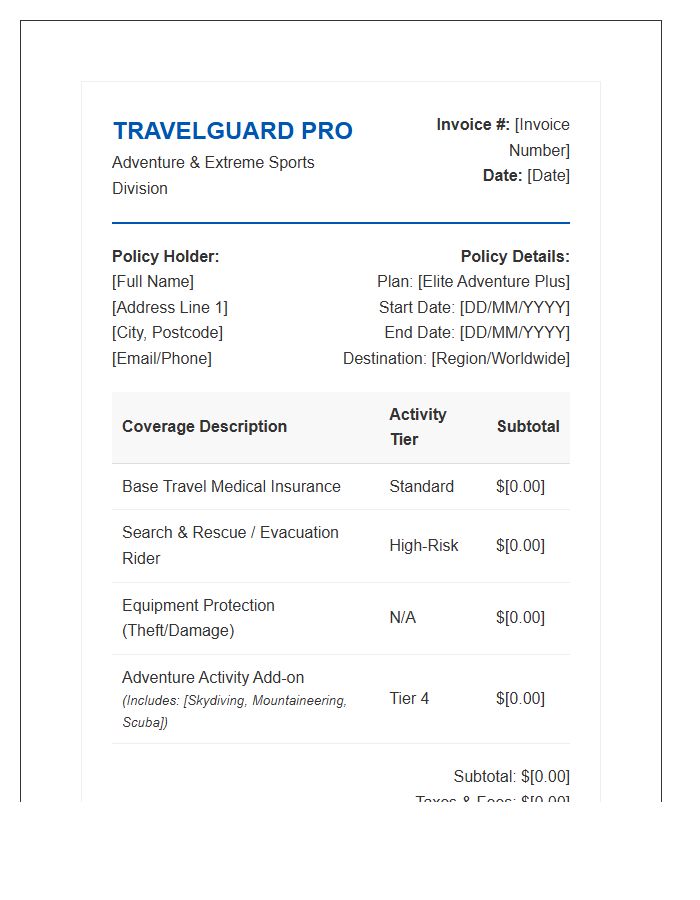 Adventure Sports Travel Insurance Invoice Template