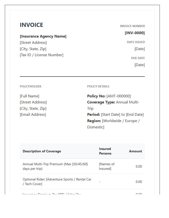 Annual Multi Trip Travel Insurance Invoice Template