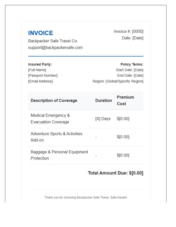 Backpacker Travel Insurance Service Invoice Template