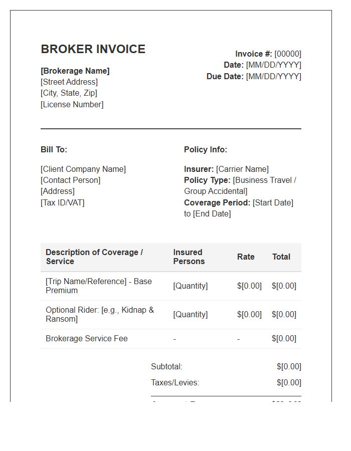 Business Trip Insurance Broker Invoice Template