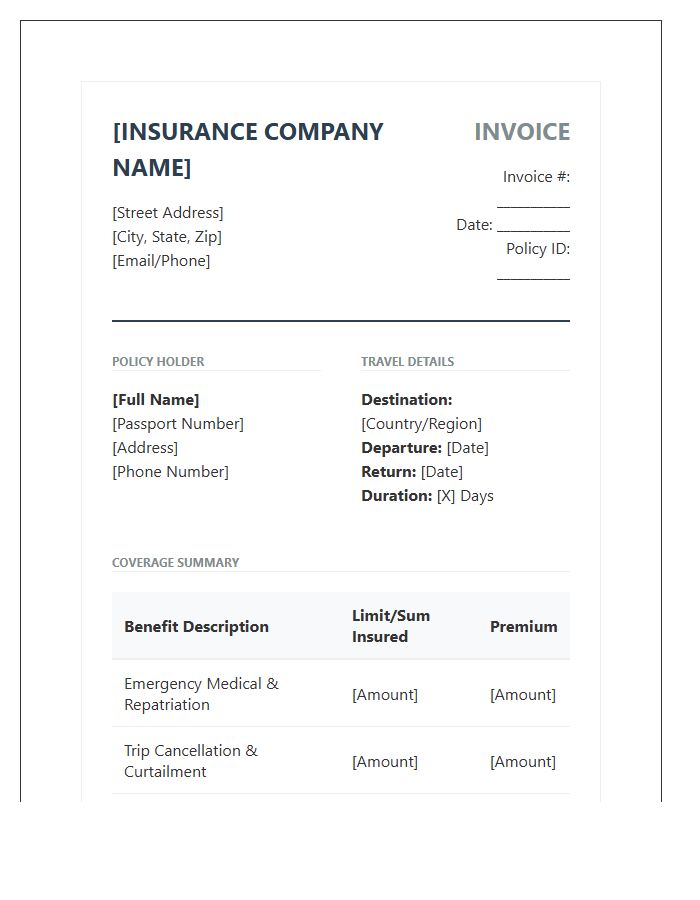 Comprehensive Travel Insurance Plan Invoice Template
