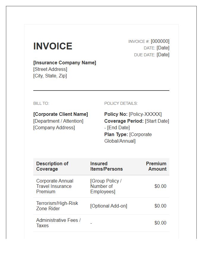 Corporate Travel Insurance Policy Invoice Template