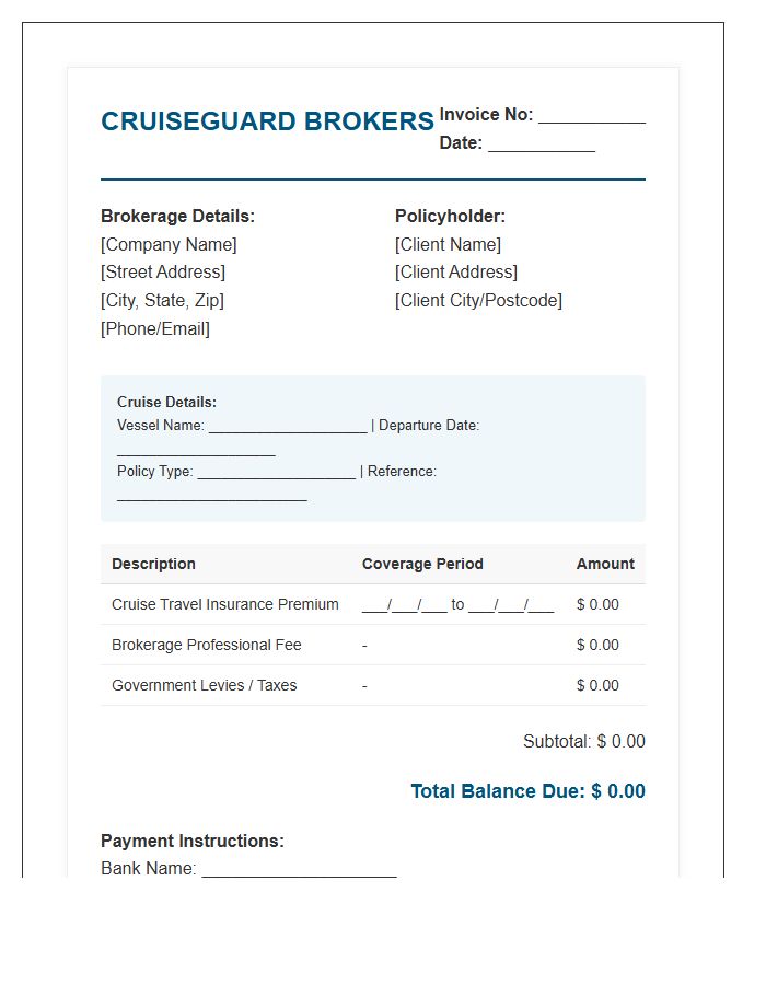 Cruise Holiday Insurance Broker Invoice Template