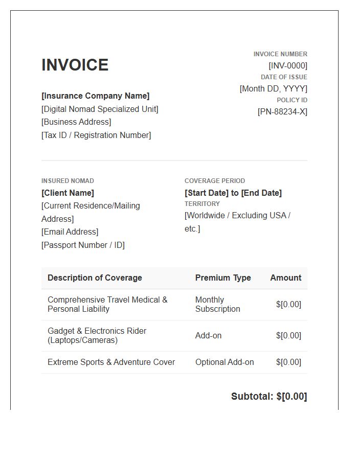 Digital Nomad Travel Insurance Invoice Template