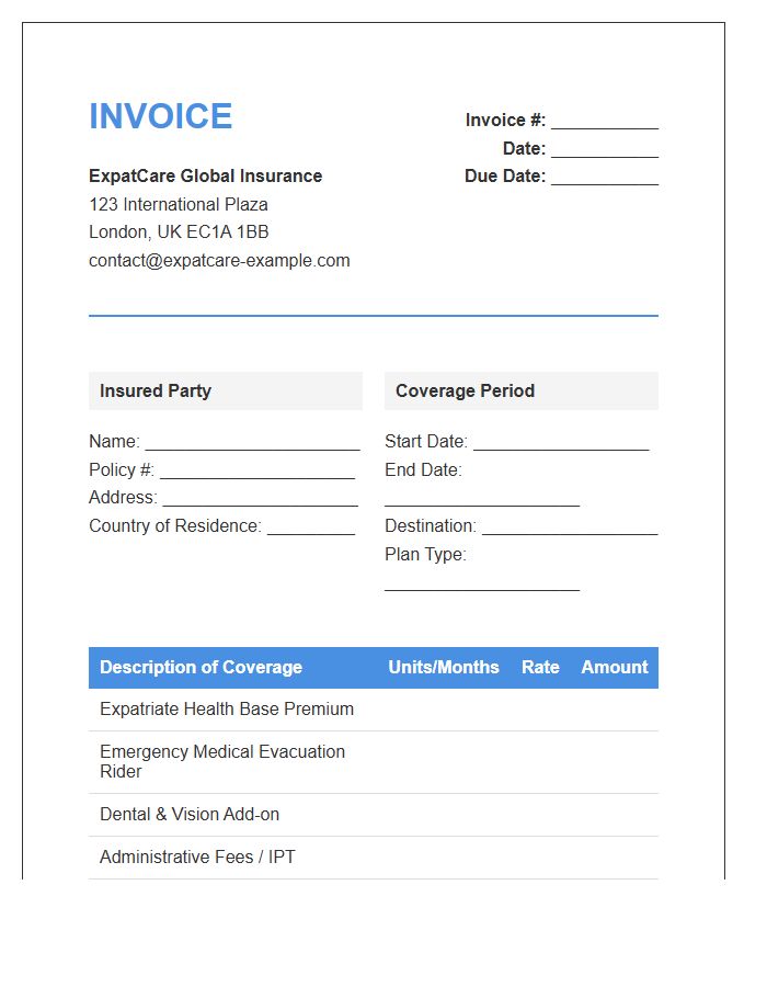 Expatriate Health Travel Insurance Invoice Template