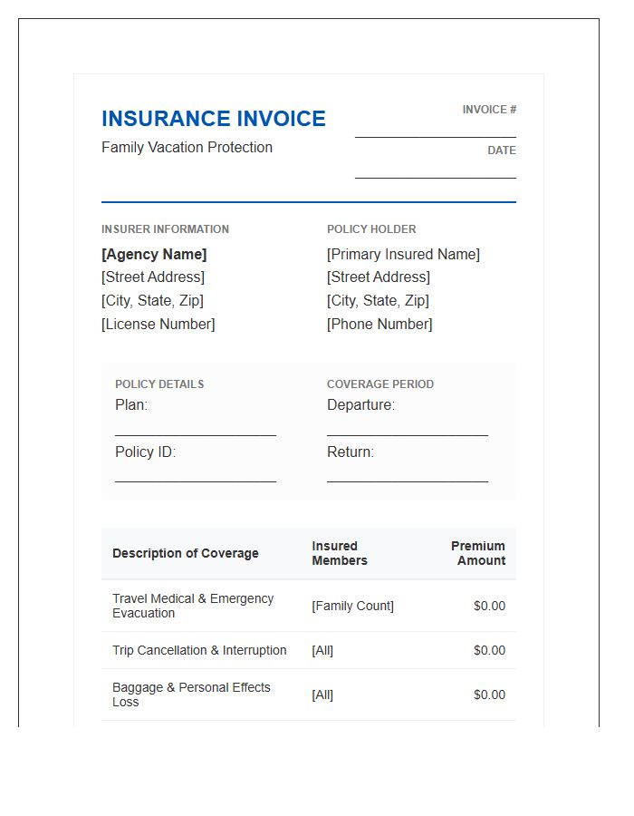Family Vacation Protection Insurance Invoice Template