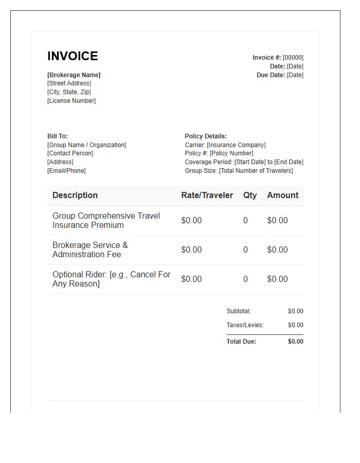 Group Travel Insurance Brokerage Invoice Template