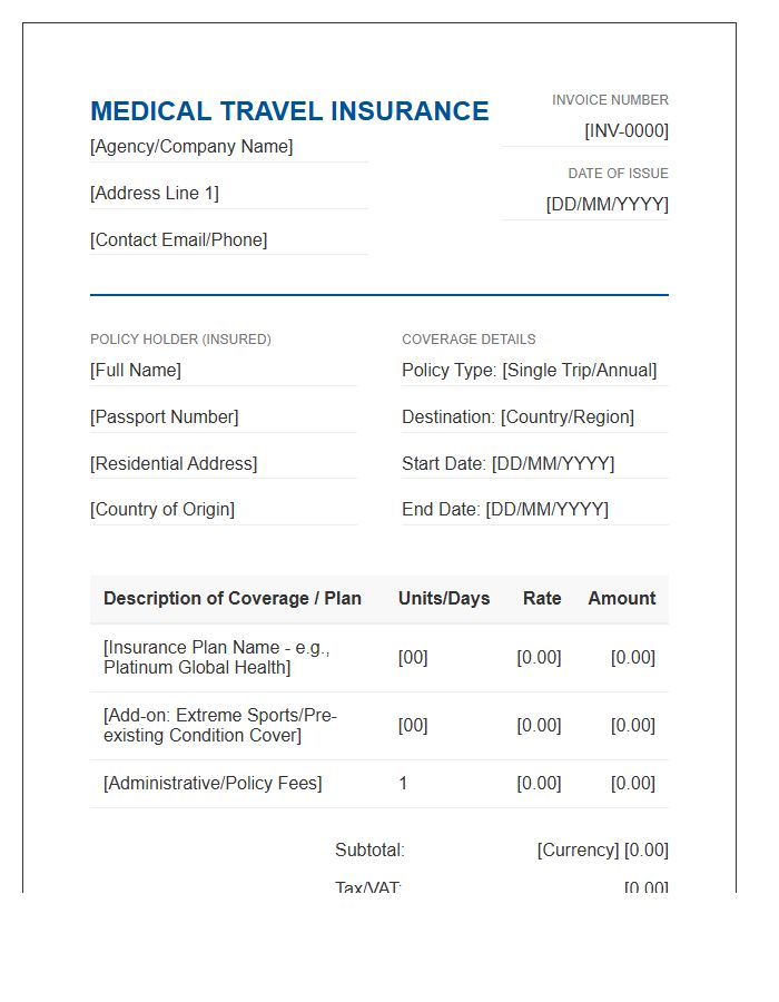 International Medical Travel Insurance Invoice Template