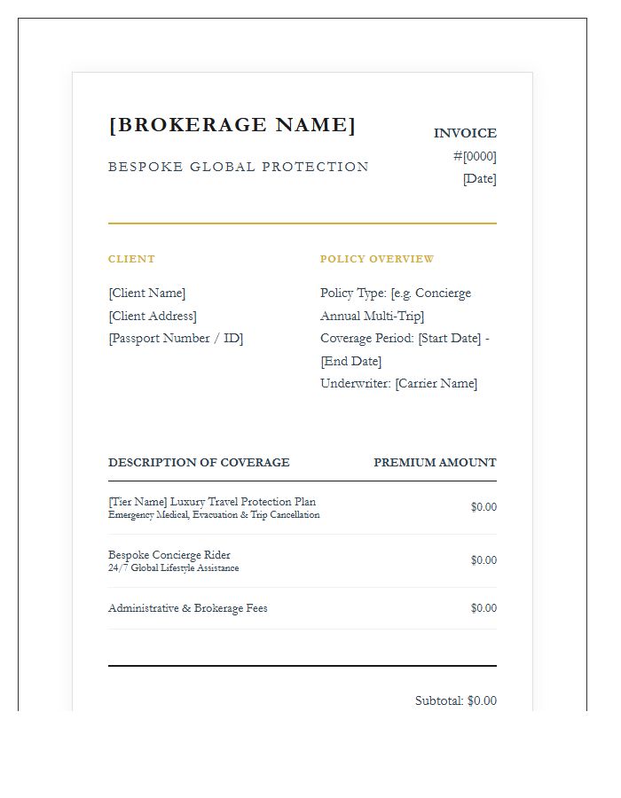 Luxury Travel Insurance Brokerage Invoice Template