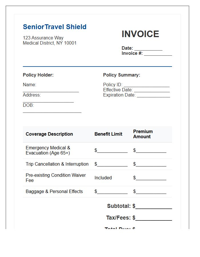 Senior Traveler Insurance Policy Invoice Template
