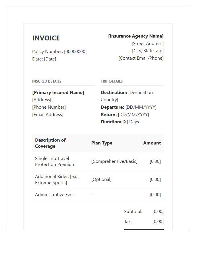 Single Trip Travel Insurance Invoice Template