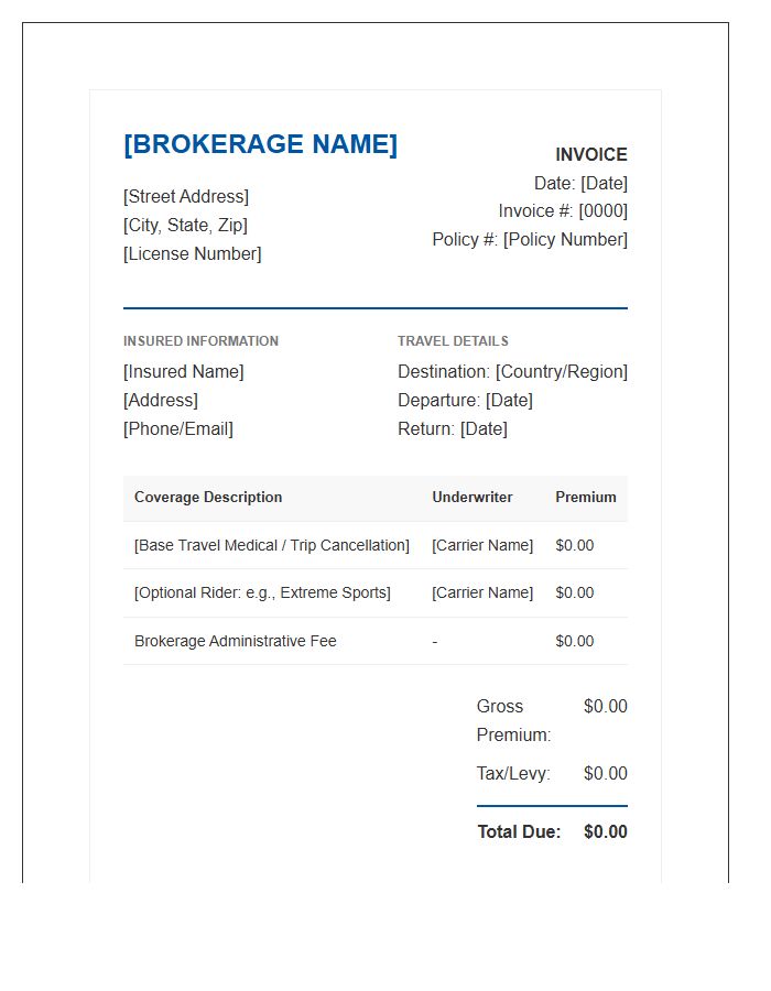 Specialized Travel Insurance Broker Invoice Template