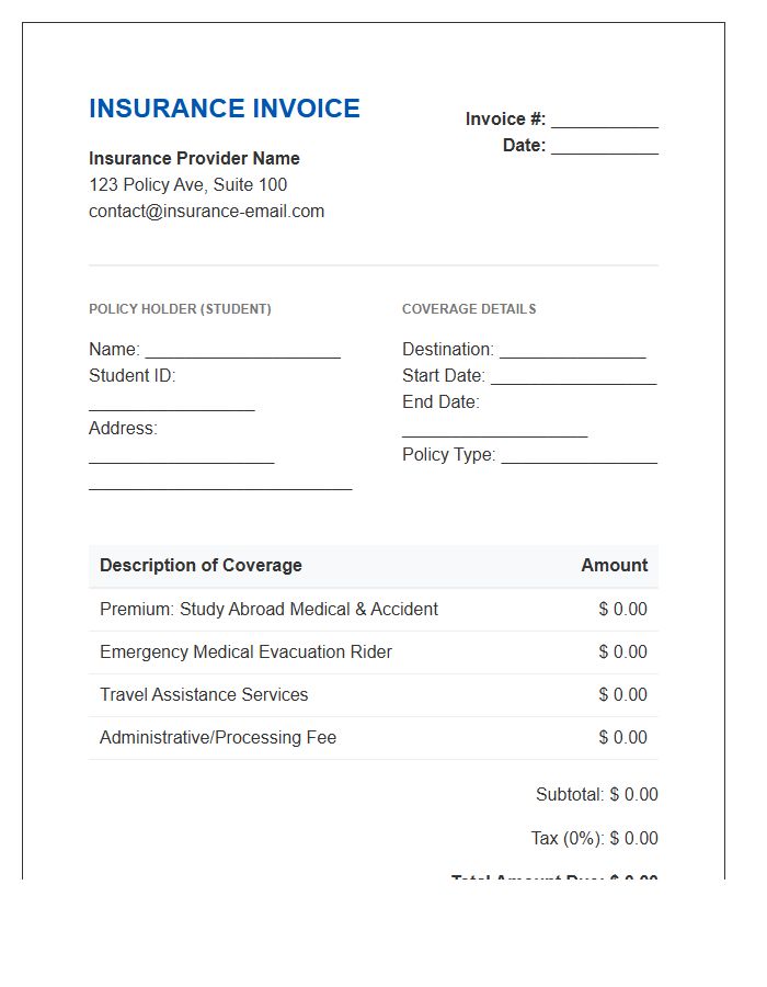 Student Study Abroad Insurance Invoice Template
