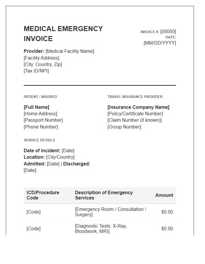 Travel Medical Emergency Coverage Invoice Template