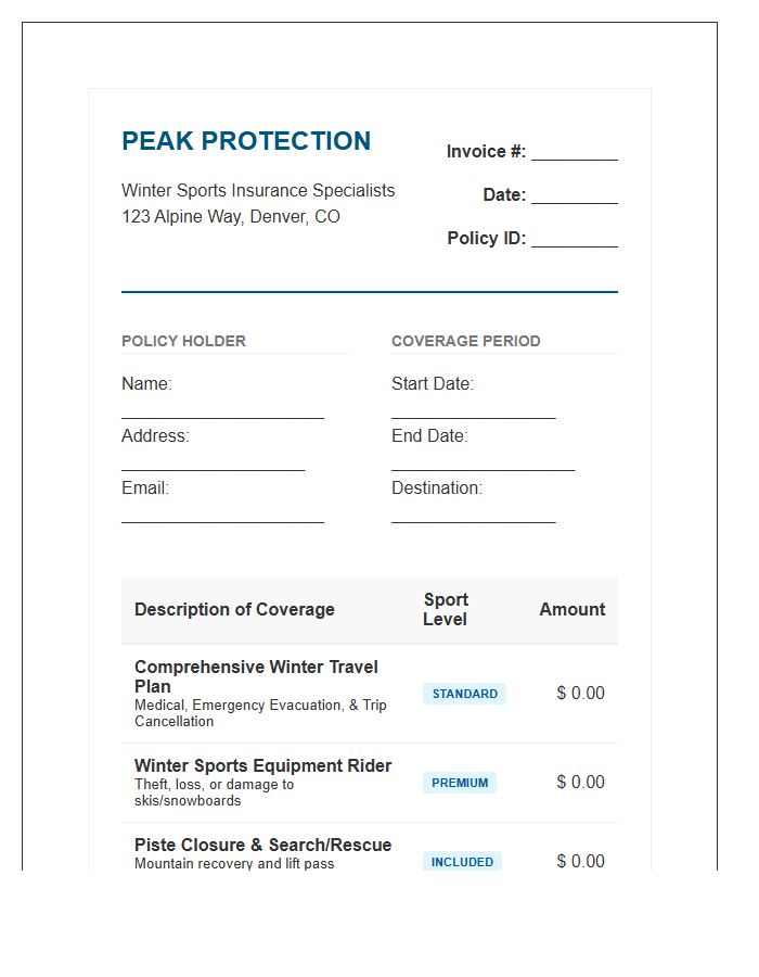 Winter Sports Travel Insurance Invoice Template