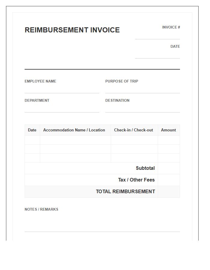 Business Trip Accommodation Reimbursement Invoice Template