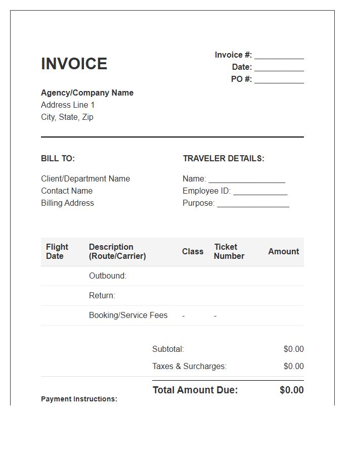 Business Trip Airfare Billing Invoice Template