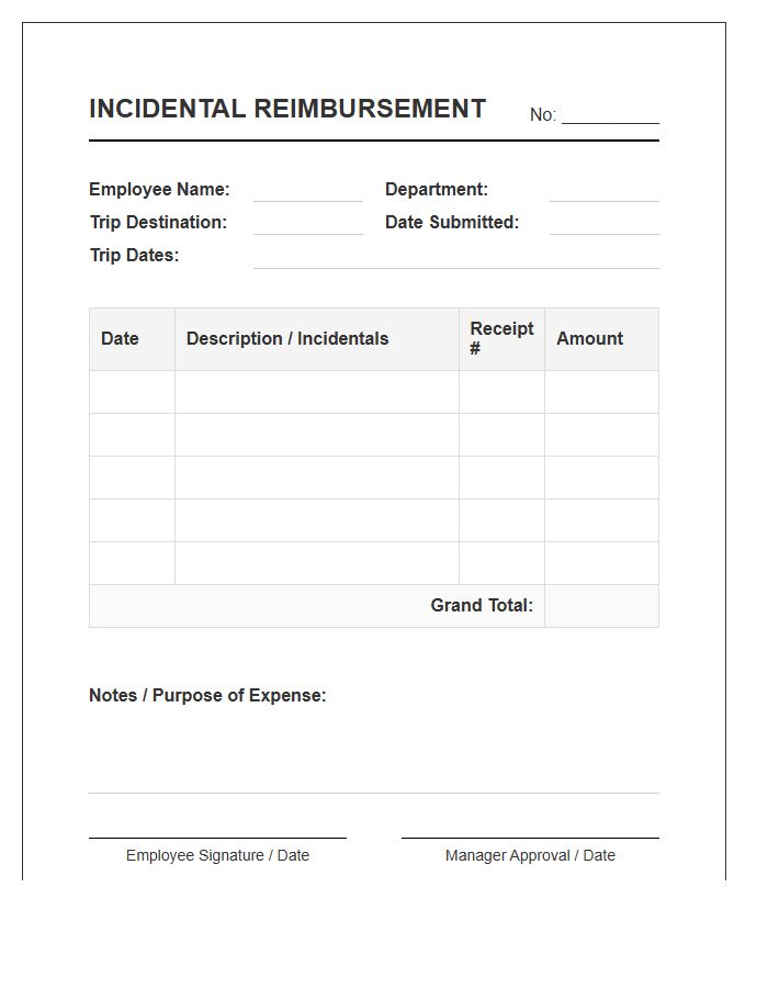Business Trip Incidentals Reimbursement Invoice Template