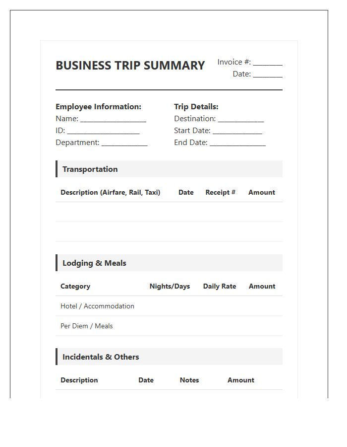 Comprehensive Business Trip Summary Invoice Template
