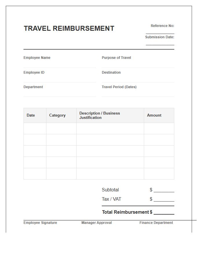 Corporate Travel Reimbursement Invoice Template