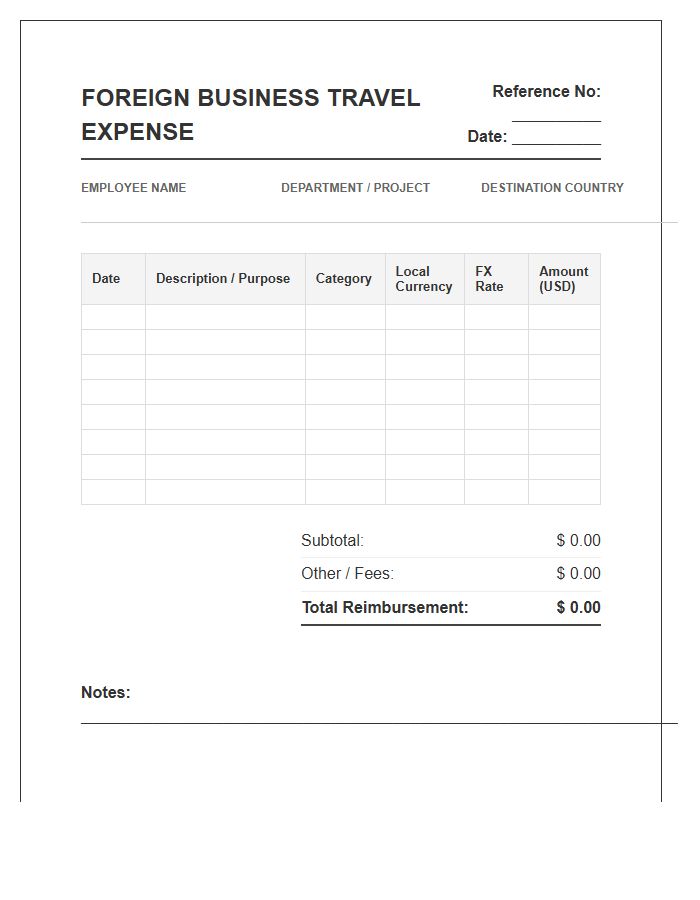 Foreign Business Travel Expense Invoice Template