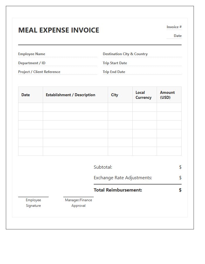 International Business Trip Meal Expense Invoice Template