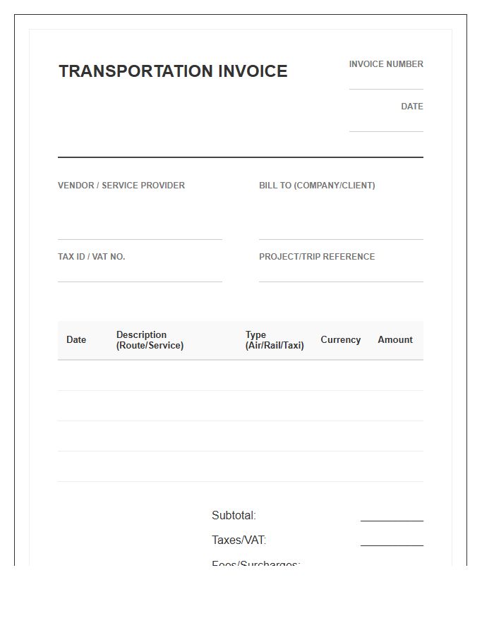 International Business Trip Transportation Invoice Template