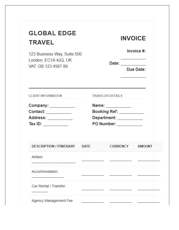 International Corporate Travel Agency Invoice Template