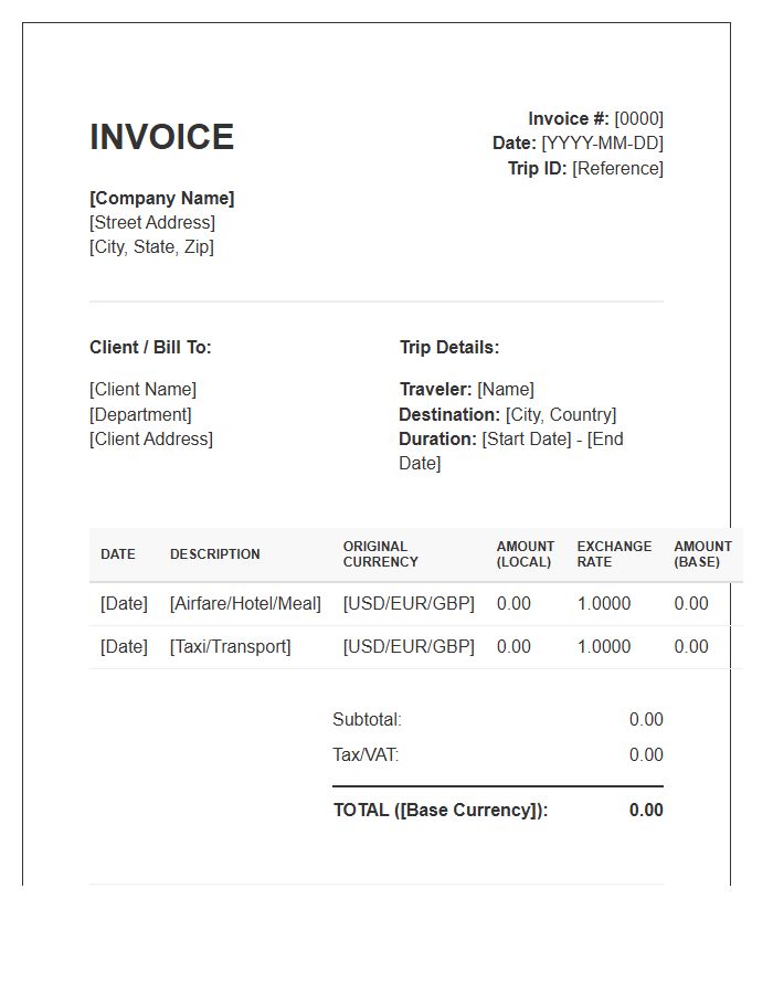 Multi Currency Business Trip Invoice Template