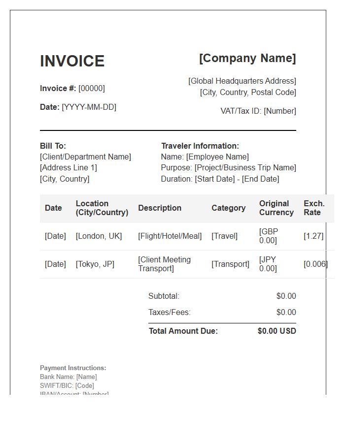 Multinational Business Trip Invoice Template