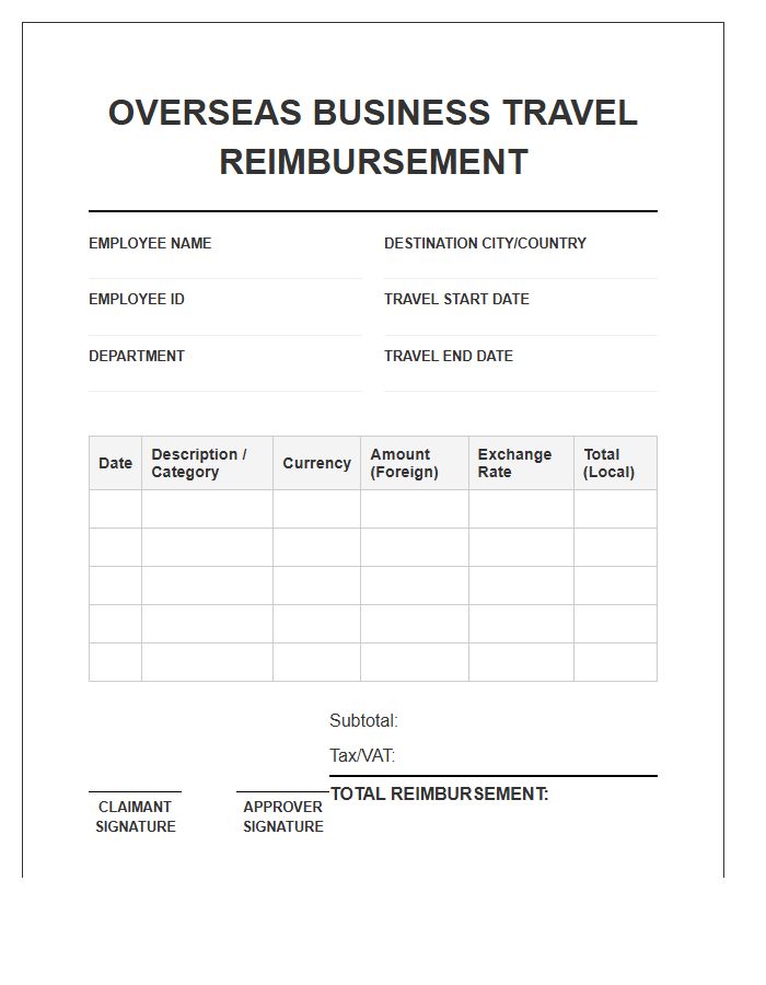 Overseas Business Travel Reimbursement Invoice Template