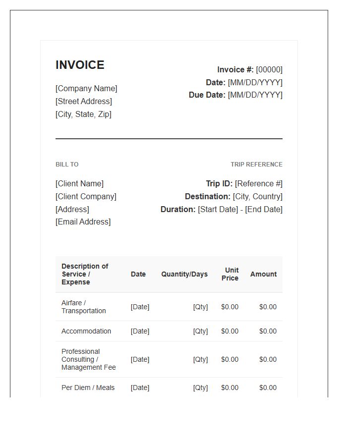 Professional Business Trip Services Invoice Template