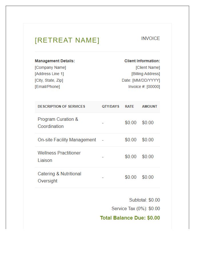 Boutique Wellness Retreat Management Invoice Template