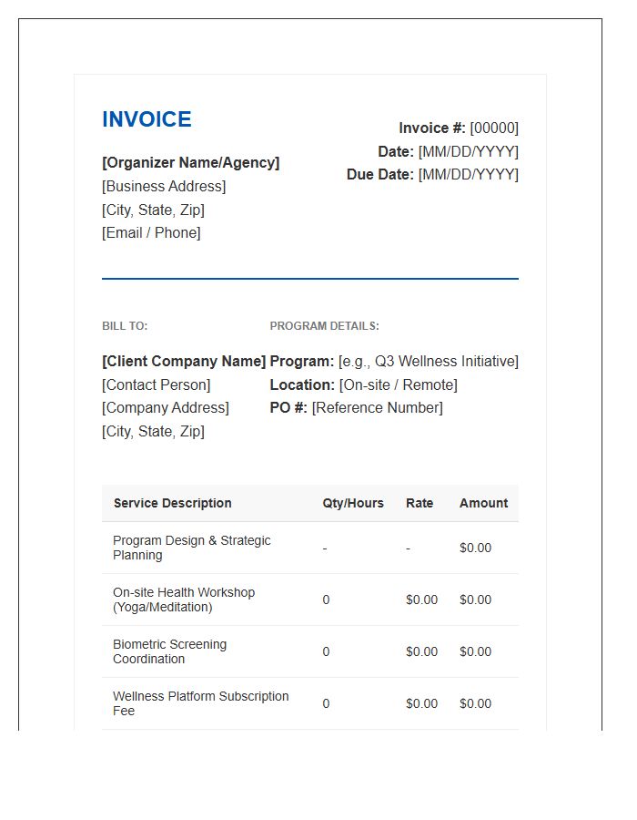 Corporate Wellness Program Organizer Invoice Template