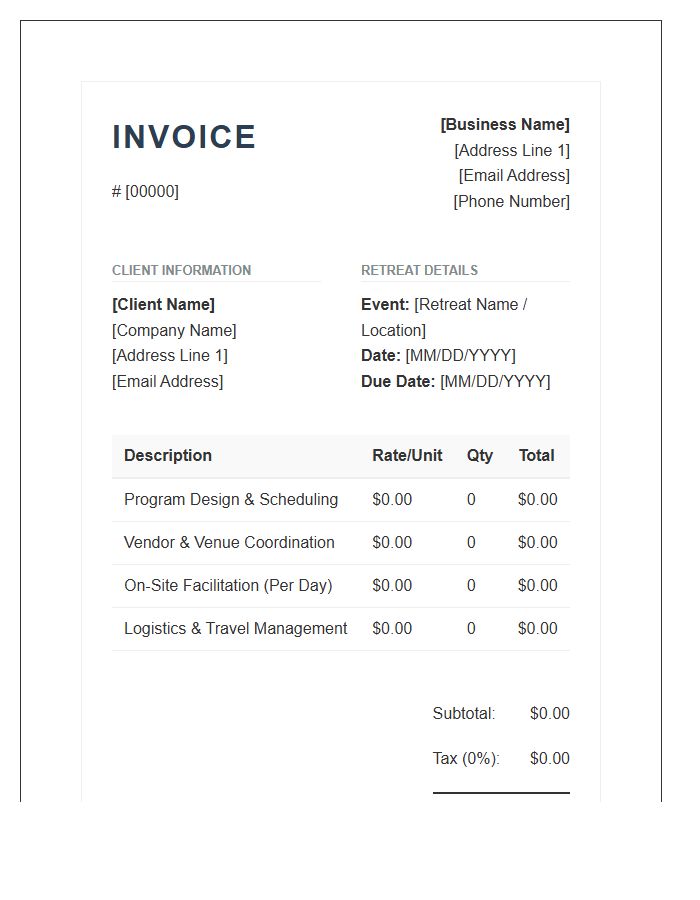 Fitness Retreat Coordinator Professional Invoice Template