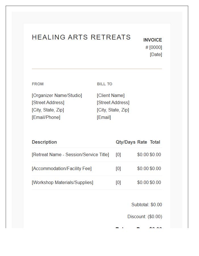 Healing Arts Retreat Organizer Invoice Template