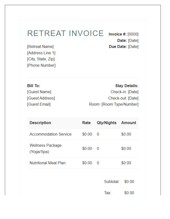 Wellness Retreat Accommodation Provider Invoice Template