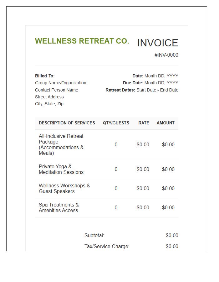Wellness Retreat Group Booking Invoice Template