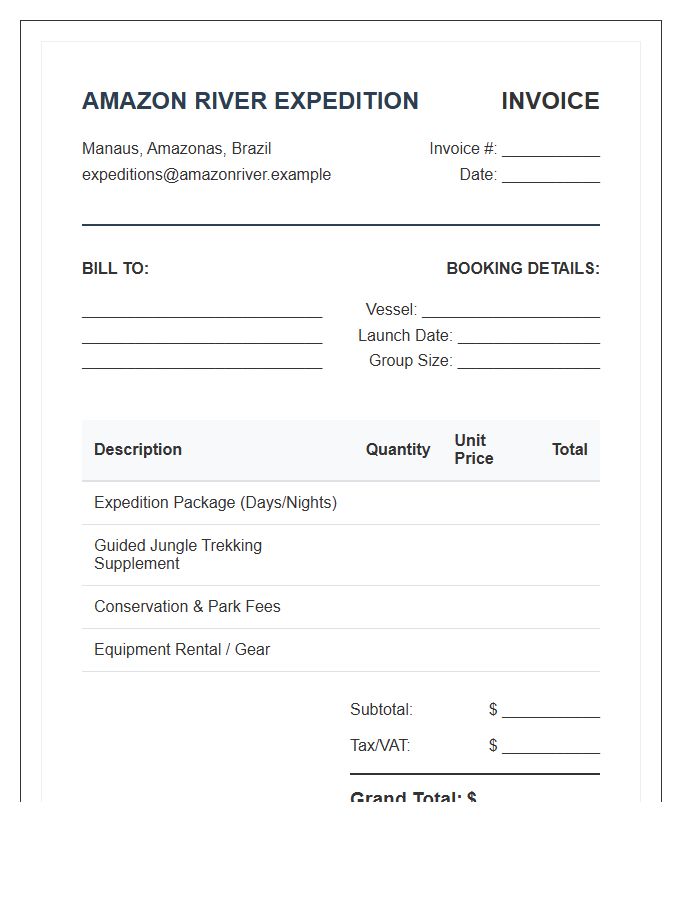Amazon River Expedition Booking Invoice Template