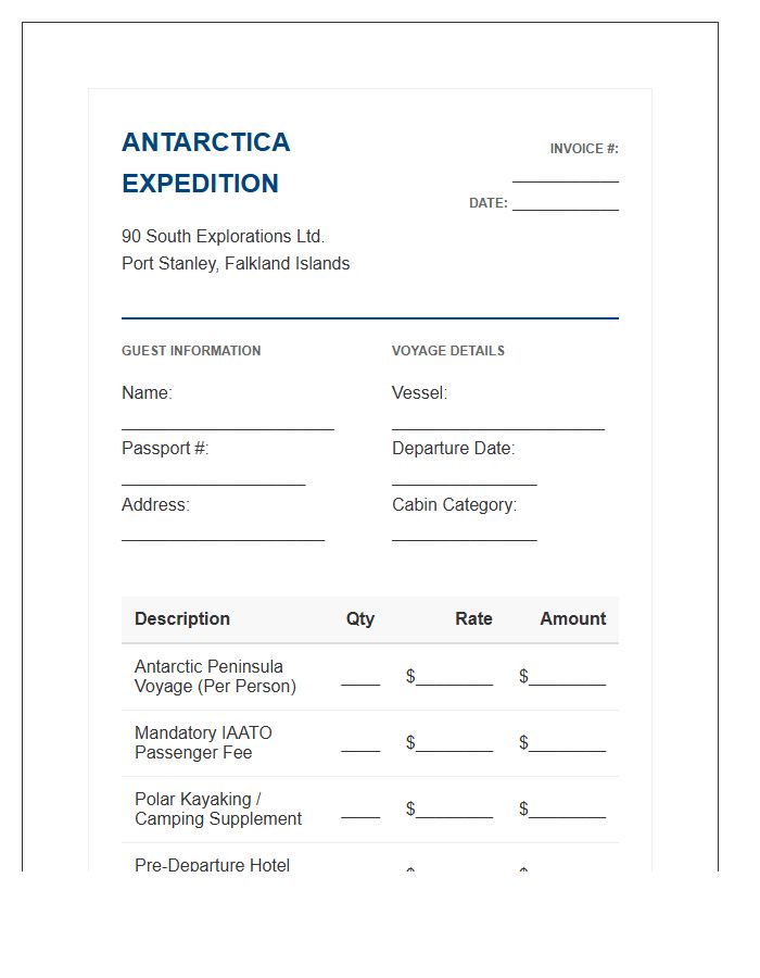 Antarctica Expedition Voyage Booking Invoice Template